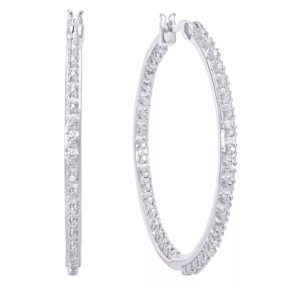 Macy's Diamond Accent Large Thin Hoop Earrings in Silver Plate NWT